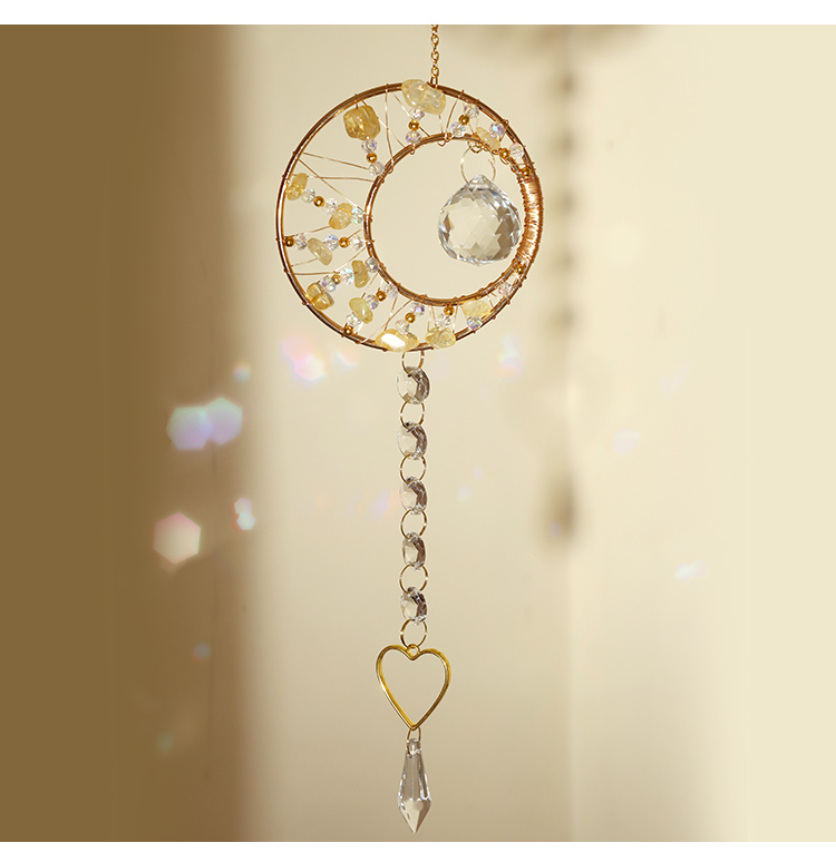 Romantic Heart Crystal Wind Chime Pendant – Copper Alloy with Wire-Wrapped Rings