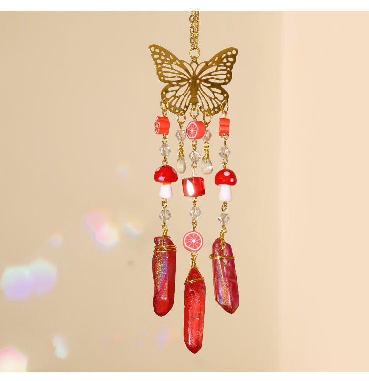 Colorful Crystal Wind Chime Pendant with Electroplated Gold Butterfly – Flower, Fruit