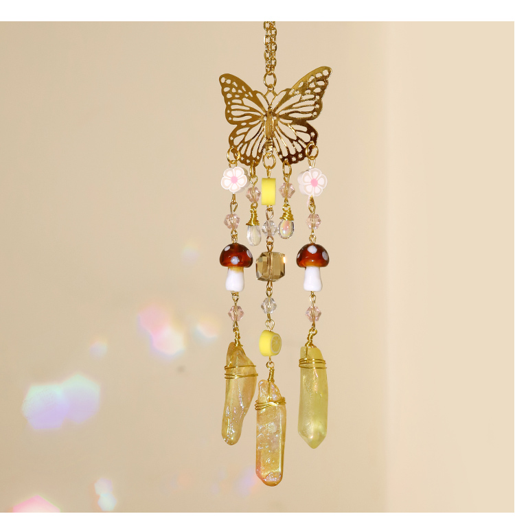 Colorful Crystal Wind Chime Pendant with Electroplated Gold Butterfly – Flower, Fruit