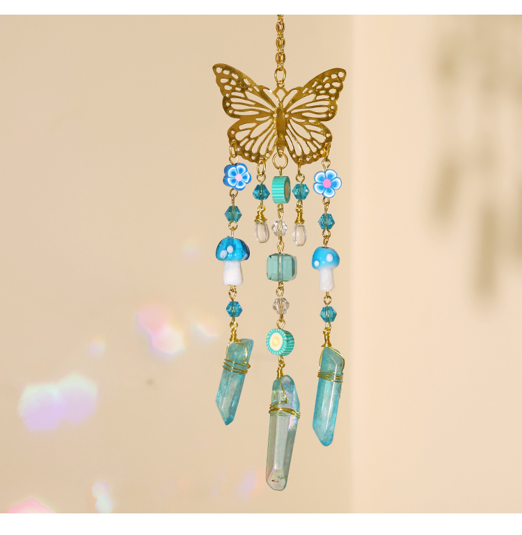 Colorful Crystal Wind Chime Pendant with Electroplated Gold Butterfly – Flower, Fruit