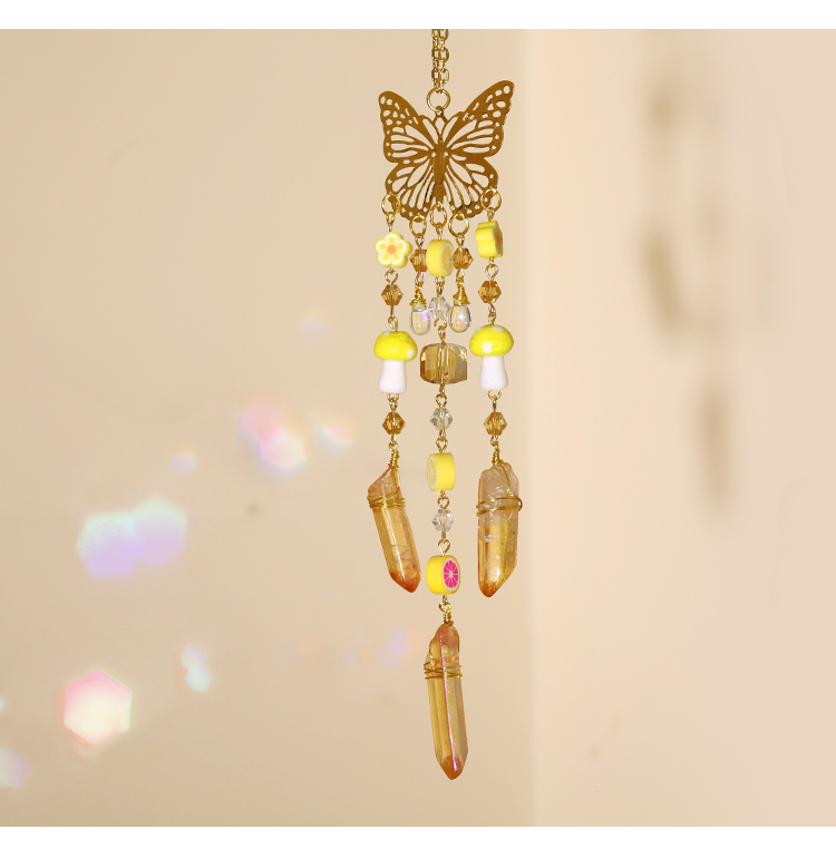 Colorful Crystal Wind Chime Pendant with Electroplated Gold Butterfly – Flower, Fruit