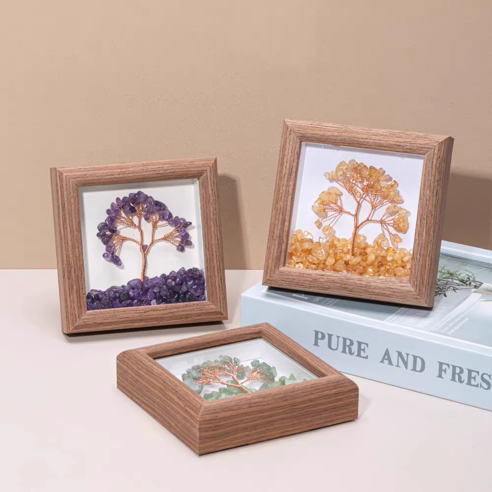 Gemstone Tree Frame Series – Square Wooden Crystal Wealth Trees (12×12cm)