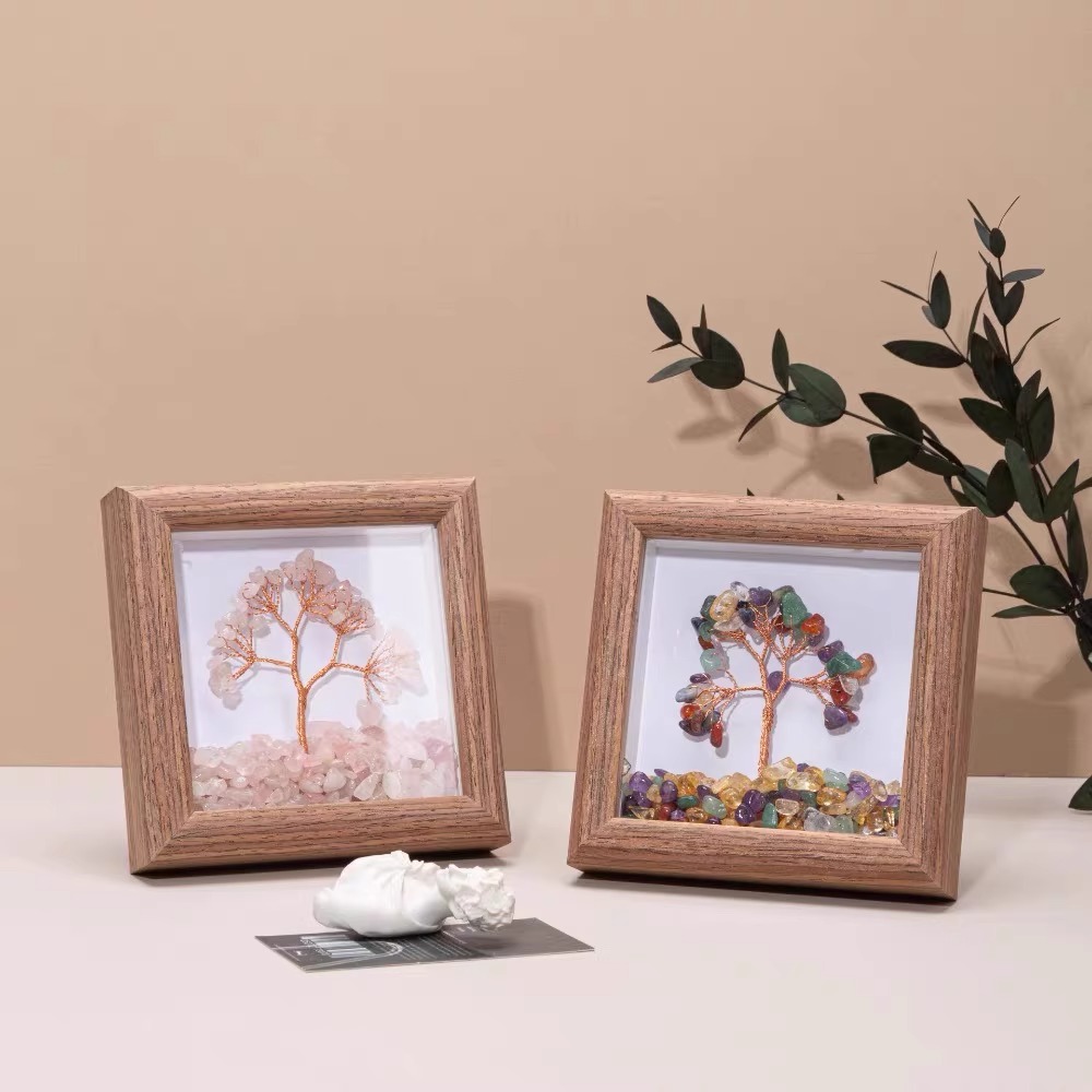 Gemstone Tree Frame Series – Square Wooden Crystal Wealth Trees (12×12cm)