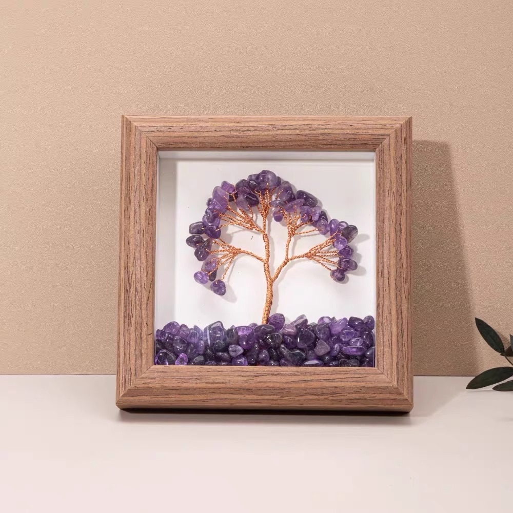 Gemstone Tree Frame Series – Square Wooden Crystal Wealth Trees (12×12cm)