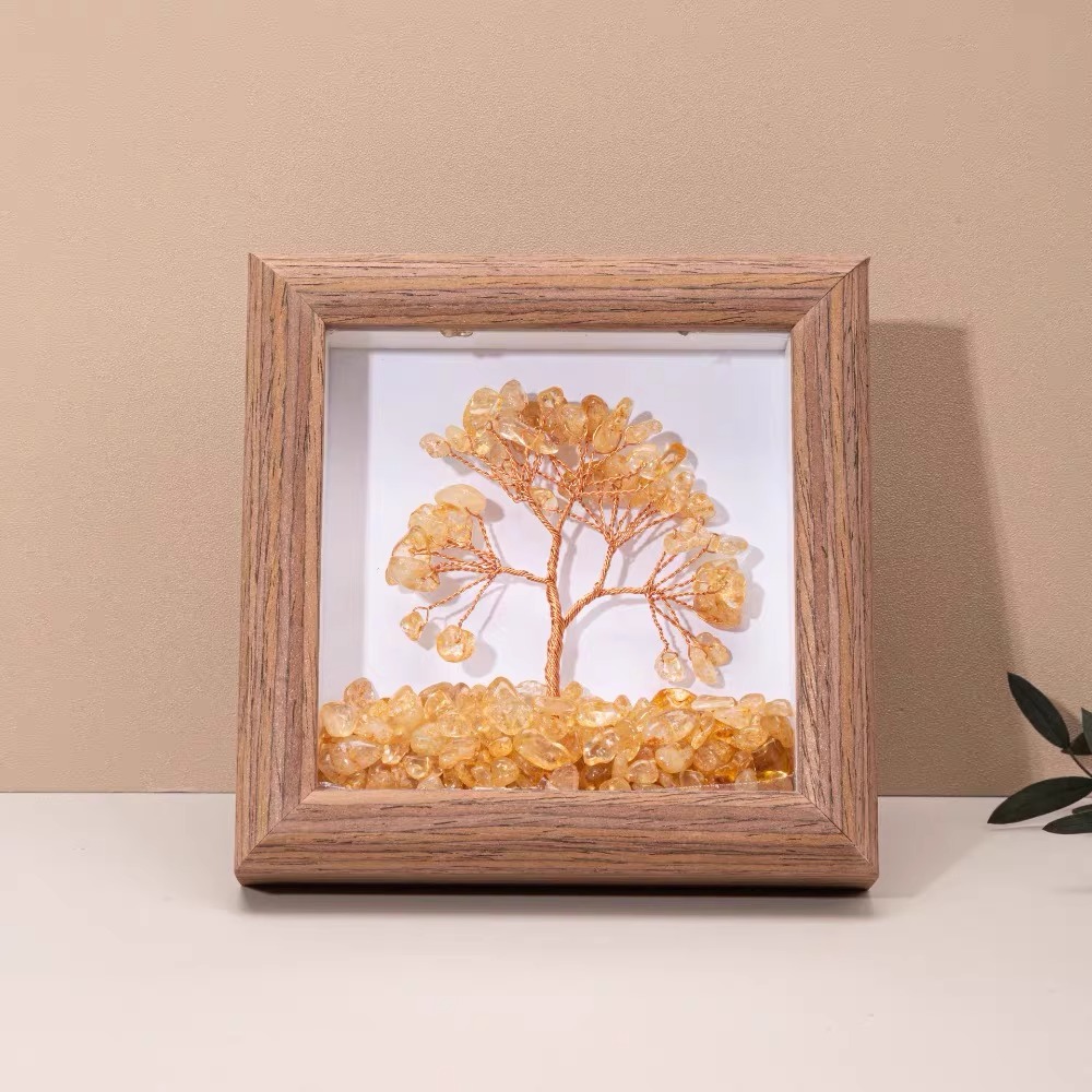 Gemstone Tree Frame Series – Square Wooden Crystal Wealth Trees (12×12cm)
