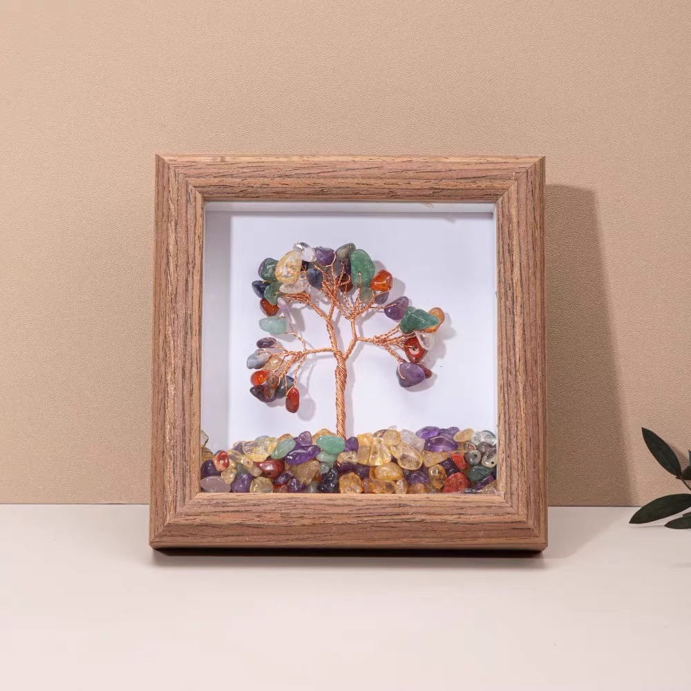 Gemstone Tree Frame Series – Square Wooden Crystal Wealth Trees (12×12cm)