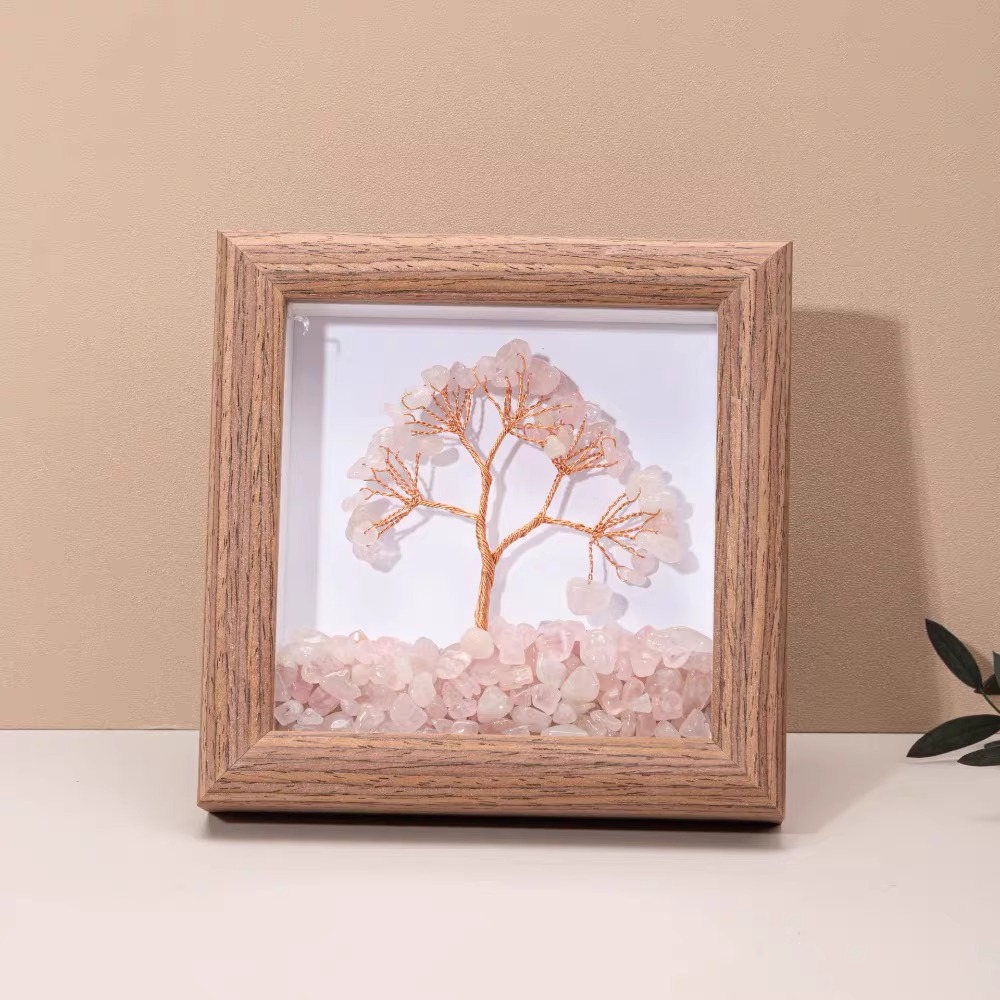 Gemstone Tree Frame Series – Square Wooden Crystal Wealth Trees (12×12cm)