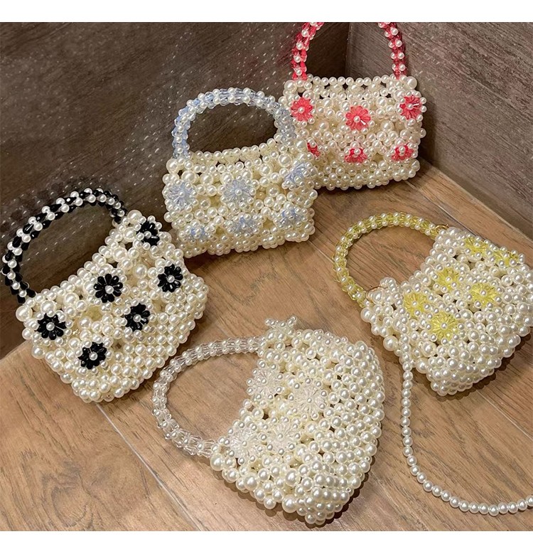 Sweet Bow Handwoven Acrylic Beaded Handbag with Pearls – 15×7.5×11/17cm – Multiple Colors Available