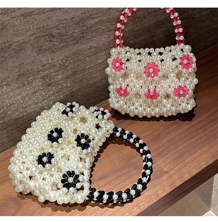 Sweet Bow Handwoven Acrylic Beaded Handbag with Pearls – 15×7.5×11/17cm – Multiple Colors Available