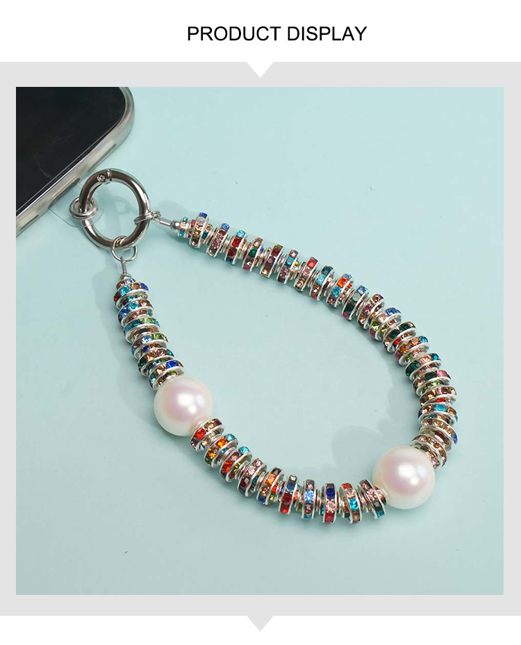 Short Phone Strap with Spring Ring Clasp - Black Rhinestone - 16mm Acrylic Beads - 28cm