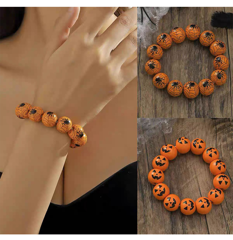 Halloween Wooden Bead Bracelets – Spooky Eye, Skull, Spider Designs – 16mm Beads – 19cm Elastic Fit