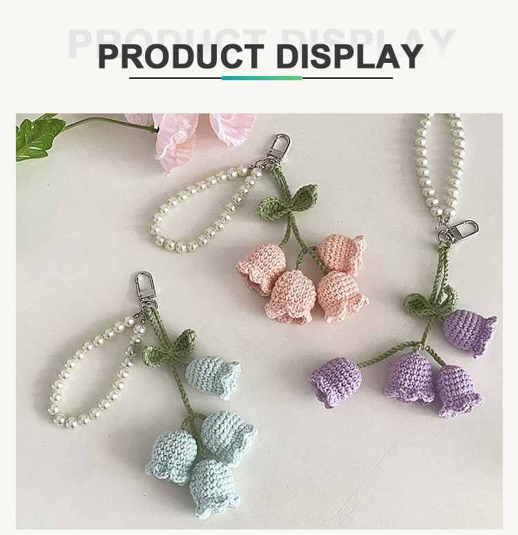 Crochet Lily of the Valley Keychain with 8mm Pearl Chain – Handmade 4 Flowers Bag Charm for Gifts