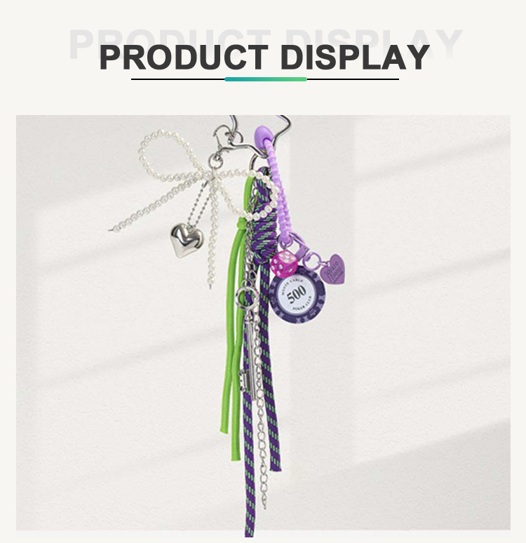 MIU Style Chip Keychain with Pearl Bow and Alloy Pendants – 8cm Bag Charm with Dice and Heart Pendant