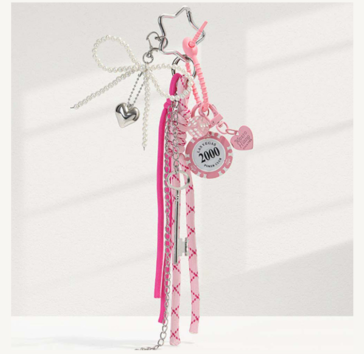 MIU Style Chip Keychain with Pearl Bow and Alloy Pendants – 8cm Bag Charm with Dice and Heart Pendant