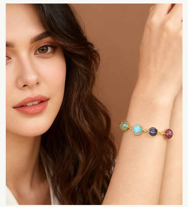 8mm Natural Stone Bead Bracelet with Metal Chain – Amethyst, Green Agate, Opal, Red Agate, Sparkling Stone, Strawberry Quartz, Multi-Color