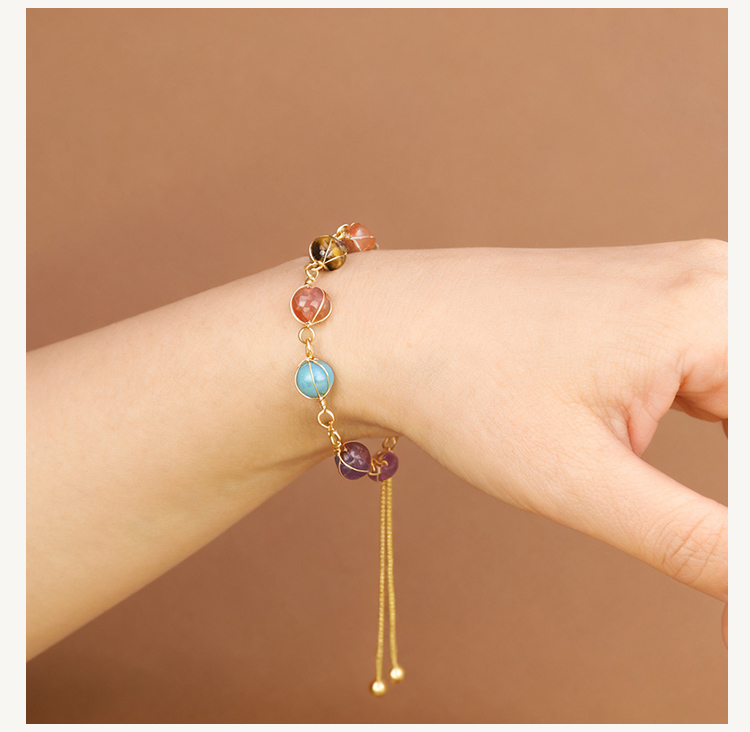 8mm Natural Stone Bead Bracelet with Metal Chain – Amethyst, Green Agate, Opal, Red Agate, Sparkling Stone, Strawberry Quartz, Multi-Color