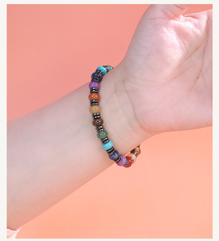 8mm Natural Stone Abacus Bead Bracelet with Iron Beads – Lapis, Amethyst, Tiger Eye, Red Stone, Rose Quartz, Red Aventurine, Rainbow Beads