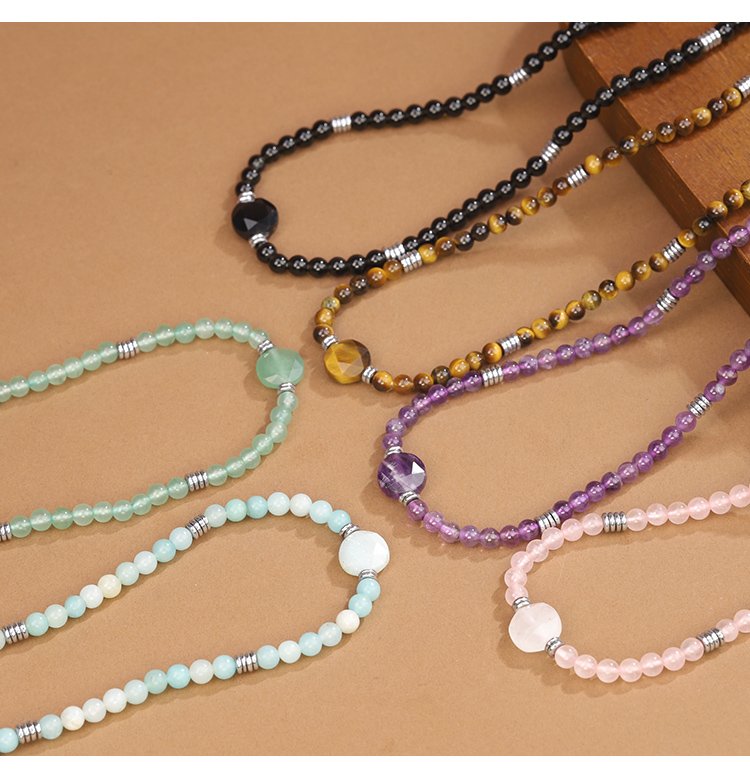 Natural Gemstone Beaded Necklaces Set – Green Aventurine, Rose Quartz, Obsidian, Tiger Eye, Amazonite, Amethyst – 41cm Round Beads Jewelry Collection