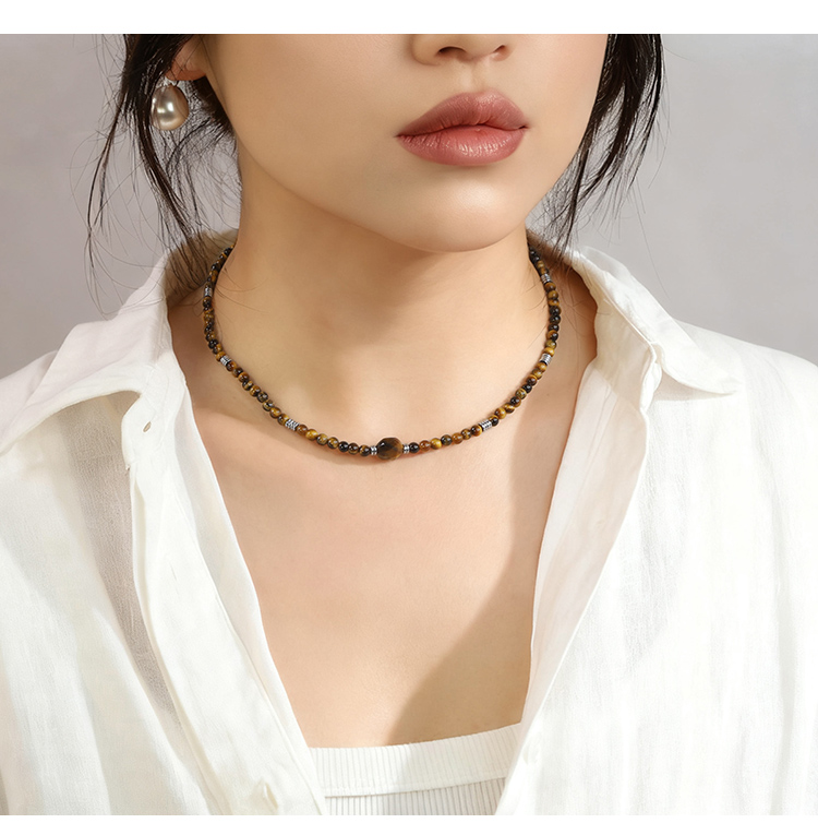 Natural Gemstone Beaded Necklaces Set – Green Aventurine, Rose Quartz, Obsidian, Tiger Eye, Amazonite, Amethyst – 41cm Round Beads Jewelry Collection