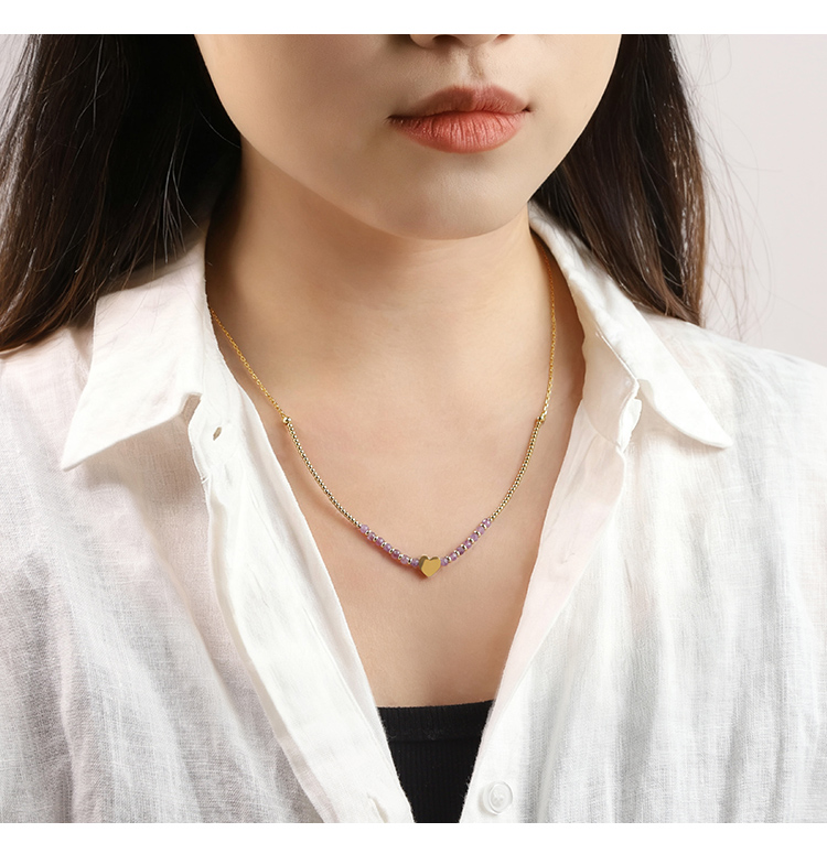 Natural Gemstone Faceted Bead Necklace  With Gold Heart