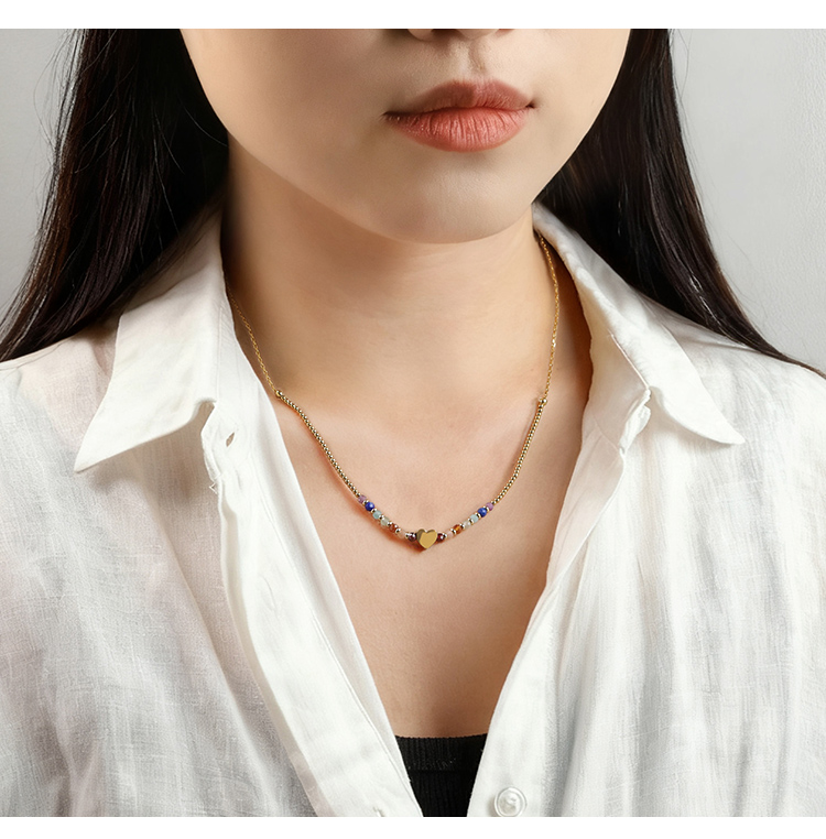 Natural Gemstone Faceted Bead Necklace  With Gold Heart