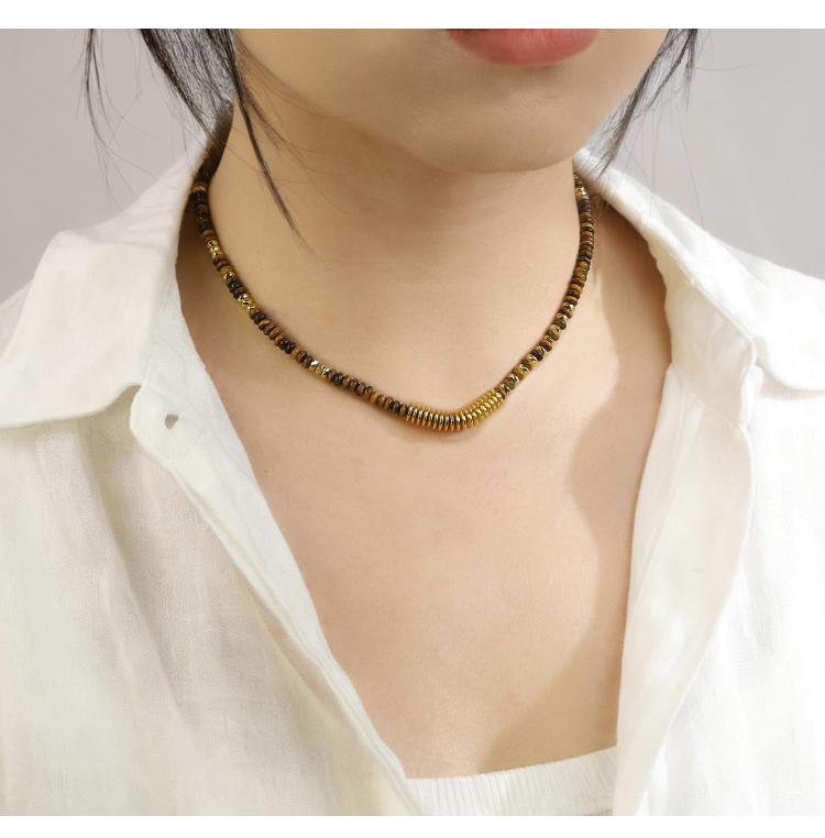 Natural Tiger Eye Beaded Necklace with Gold Faceted Beads – 4mm