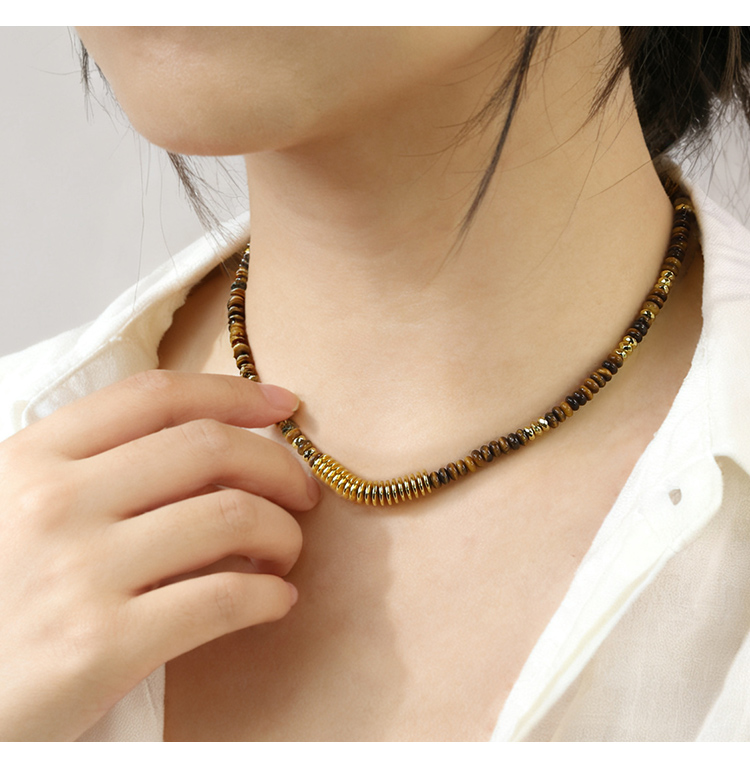 Natural Tiger Eye Beaded Necklace with Gold Faceted Beads – 4mm