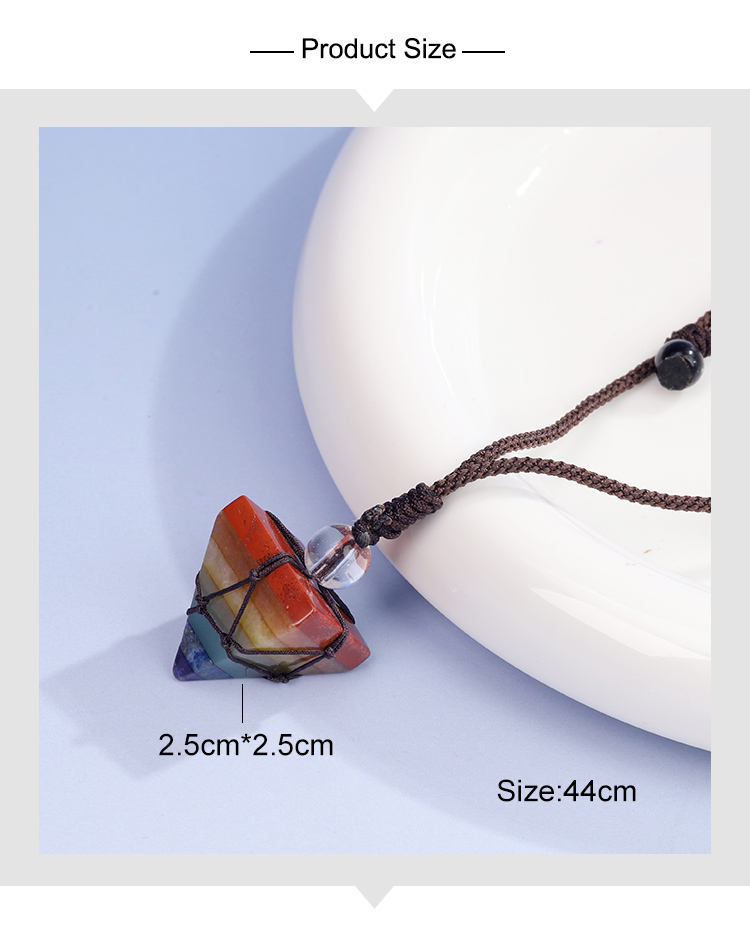 Natural Crystal Pyramid Necklace  – 8 Semi-Precious Stones,, Adjustable Brown Cord,