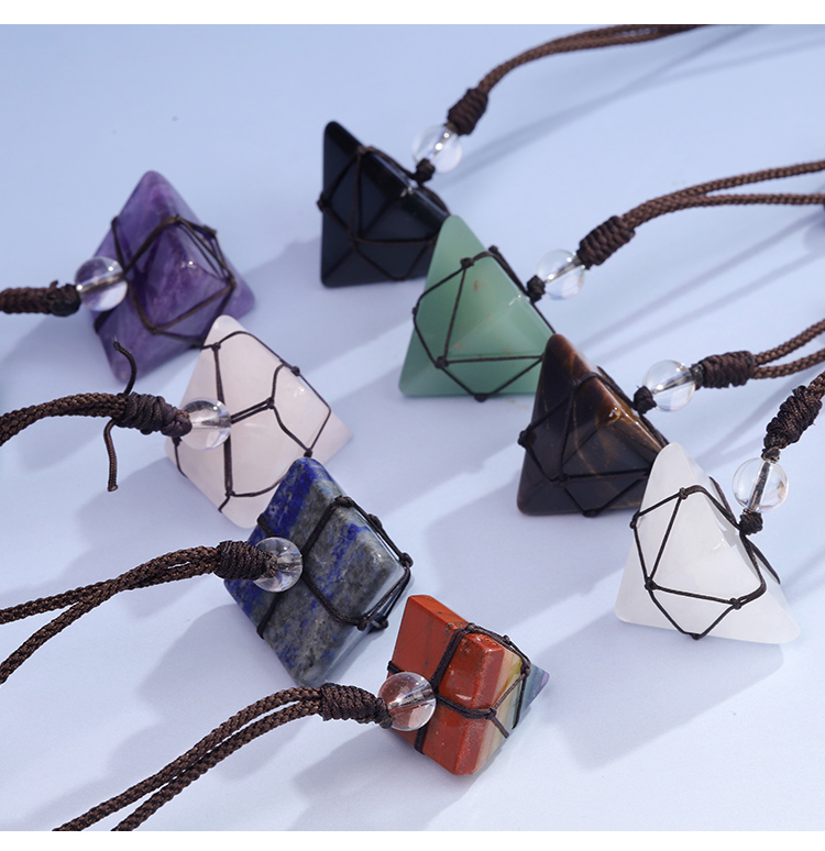 Natural Crystal Pyramid Necklace  – 8 Semi-Precious Stones,, Adjustable Brown Cord,