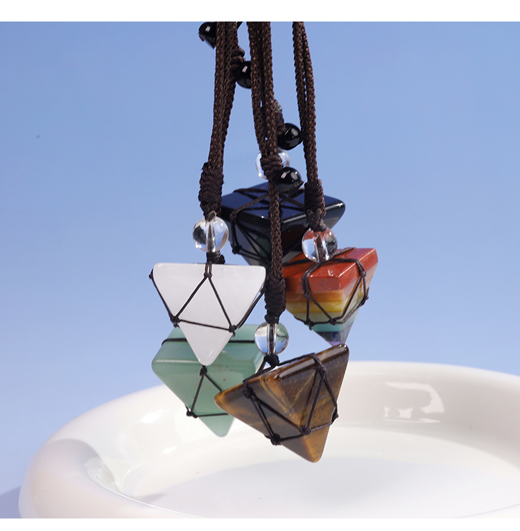 Natural Crystal Pyramid Necklace  – 8 Semi-Precious Stones,, Adjustable Brown Cord,