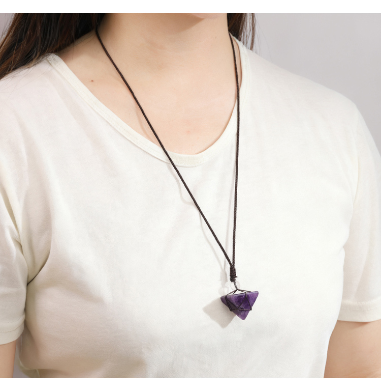 Natural Crystal Pyramid Necklace  – 8 Semi-Precious Stones,, Adjustable Brown Cord,