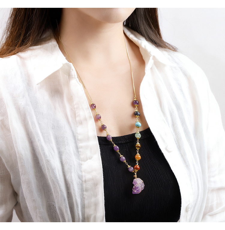 Multicolor Semi-Precious Gemstone Pull Necklace Set – Amethyst, Turquoise, Aventurine, Tiger Eye, Agate