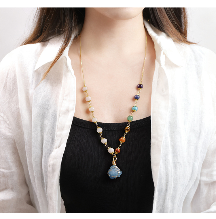 Multicolor Semi-Precious Gemstone Pull Necklace Set – Amethyst, Turquoise, Aventurine, Tiger Eye, Agate