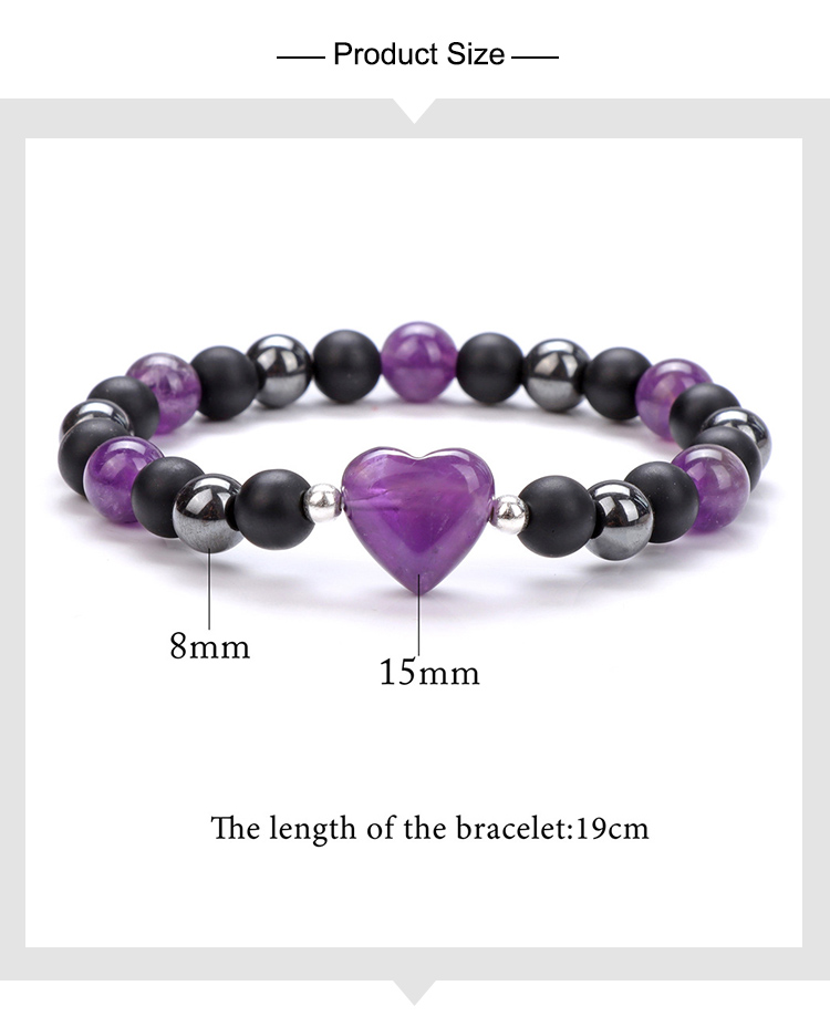 Heart Charm Gemstone Stretch Bracelet (15mm Heart, 8mm Gemstone, Matte Black Glass