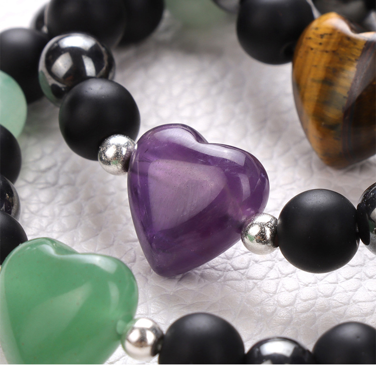 Heart Charm Gemstone Stretch Bracelet (15mm Heart, 8mm Gemstone, Matte Black Glass