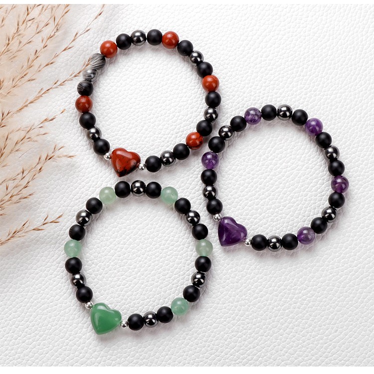 Heart Charm Gemstone Stretch Bracelet (15mm Heart, 8mm Gemstone, Matte Black Glass