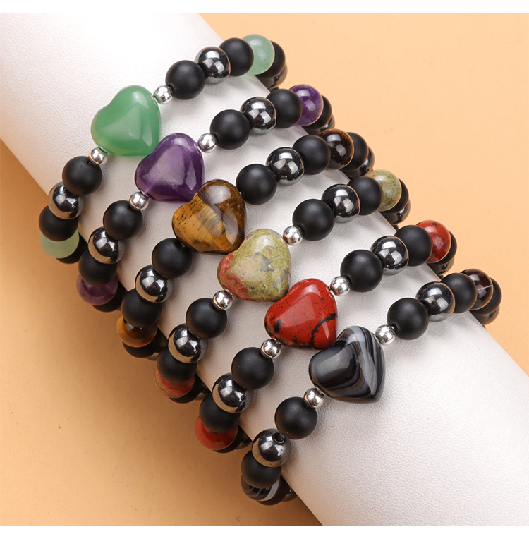 Heart Charm Gemstone Stretch Bracelet (15mm Heart, 8mm Gemstone, Matte Black Glass