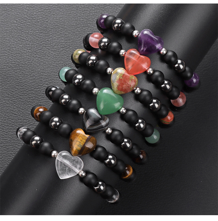 Heart Charm Gemstone Stretch Bracelet (15mm Heart, 8mm Gemstone, Matte Black Glass