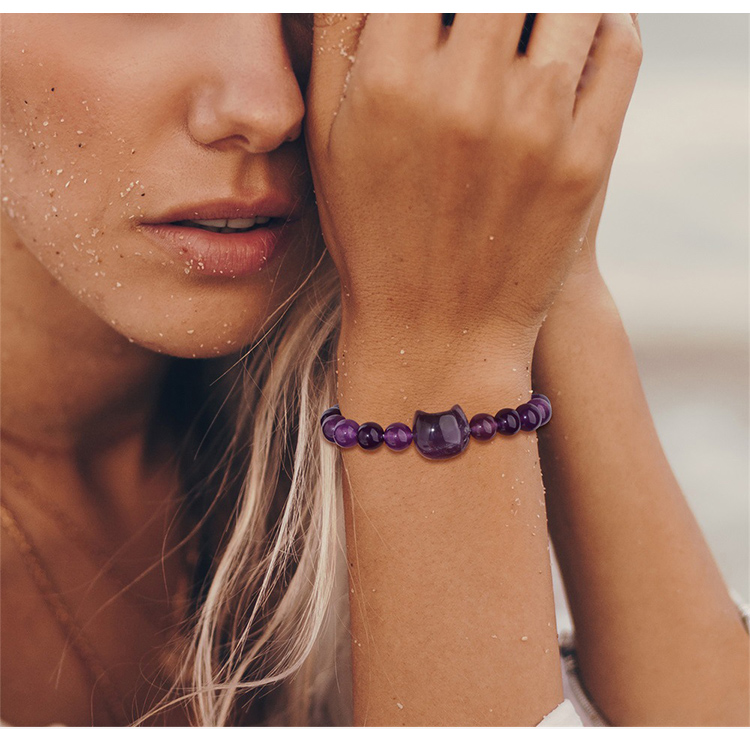 Cat Head Gemstone Stretch Bracelet