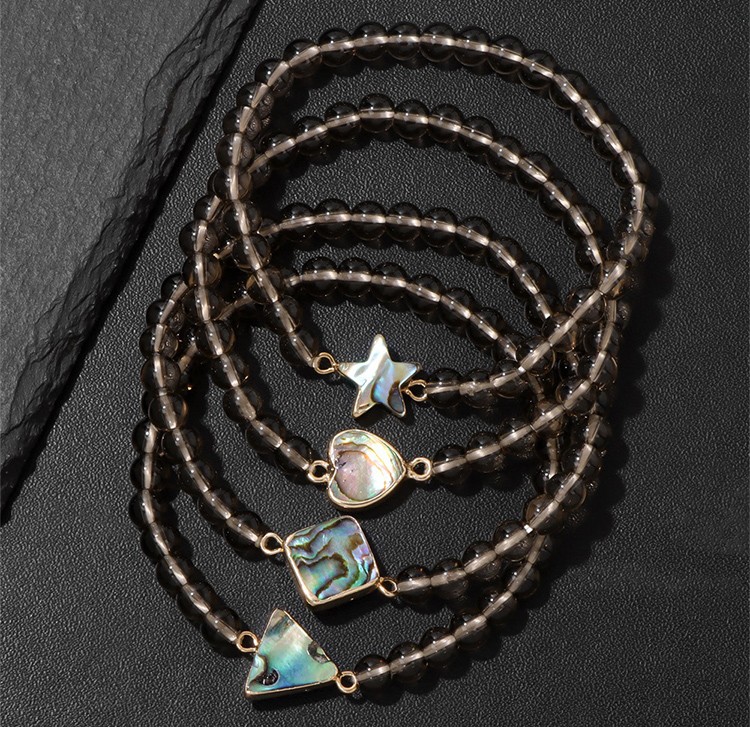 Smoky Quartz Beaded Stretch Bracelet with Abalone Shell Shape Accent