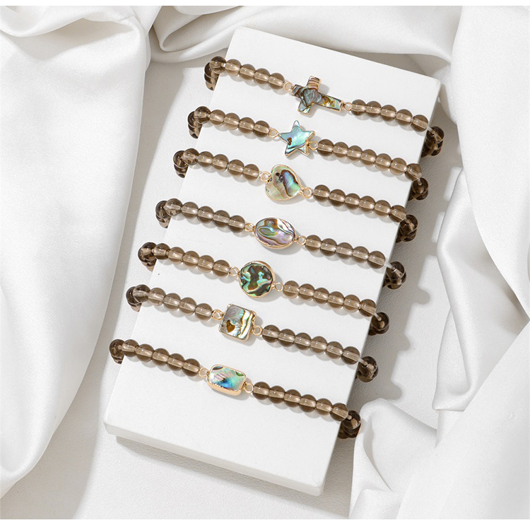 Smoky Quartz Beaded Stretch Bracelet with Abalone Shell Shape Accent