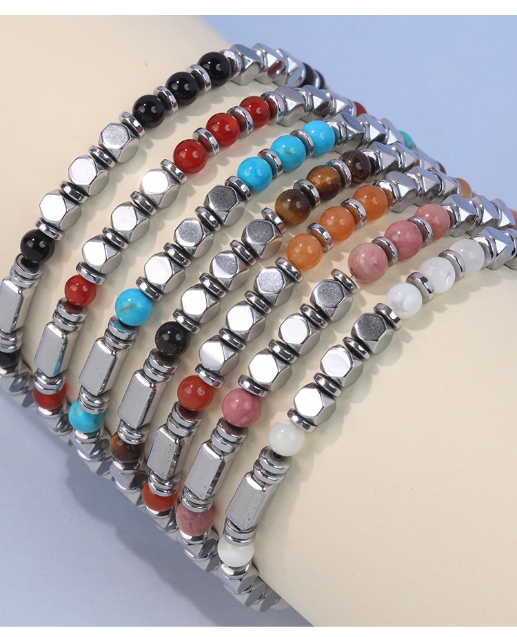 Natural Stone Bead Bracelet with Silver Hematite | Stainless Steel Jewelry Wholesale Natural Stone Bead Bracelet with Silver Hematite | Stainless Steel Jewelry Wholesale