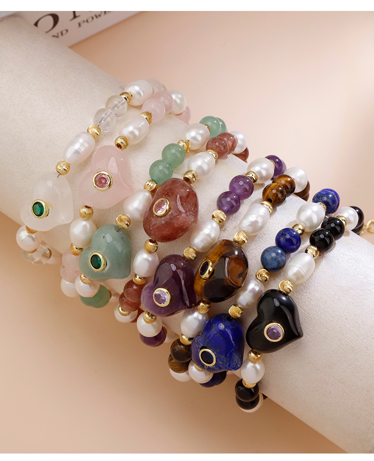 Natural Stone Pearl Beaded Heart Charm Bracelet Natural Stone Pearl Beaded Heart Charm Bracelet