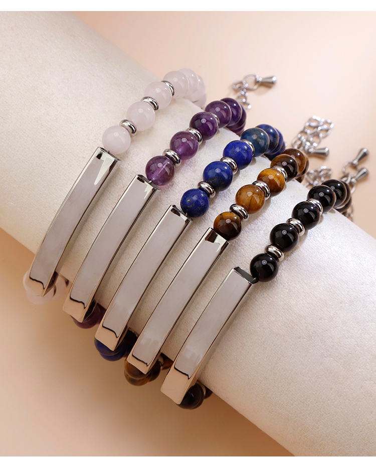 Natural Stone Beaded Bracelet with Stainless Steel Bar Natural Stone Beaded Bracelet with Stainless Steel Bar