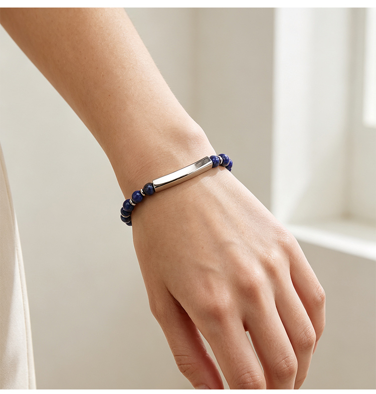 Natural Stone Beaded Bracelet with Stainless Steel Bar Natural Stone Beaded Bracelet with Stainless Steel Bar