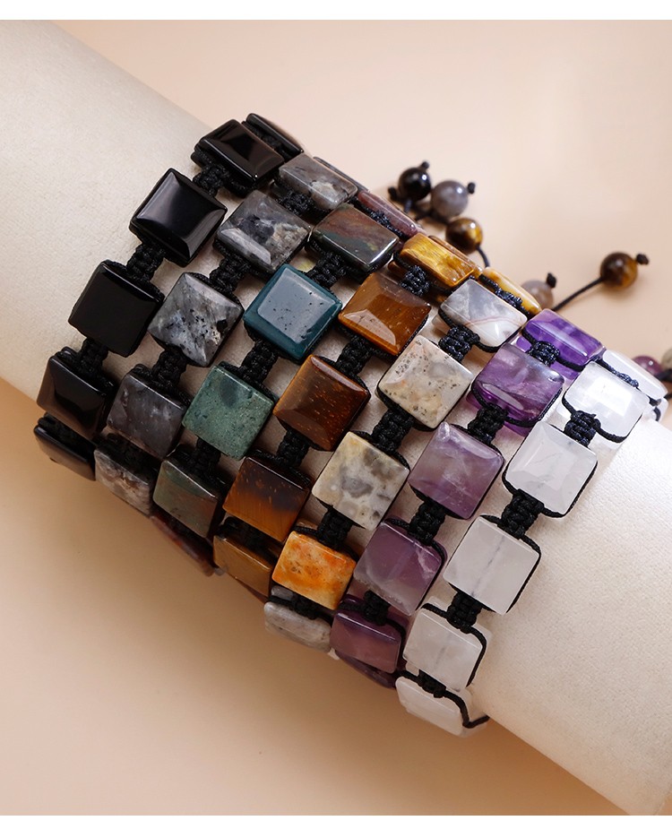 Natural Stone Square Bead Pull-String Bracelet – Adjustable Gemstone Bracelet Natural Stone Square Bead Pull-String Bracelet – Adjustable Gemstone Bracelet