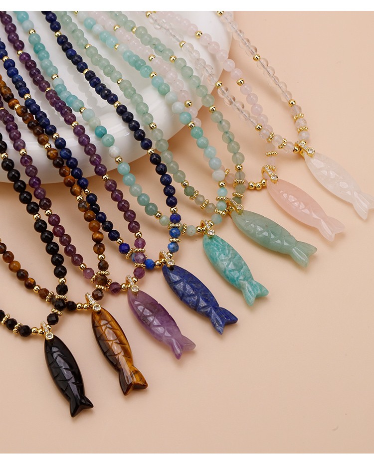 Natural Stone Beaded Necklace with Rhinestone Fish-Shaped Clasp