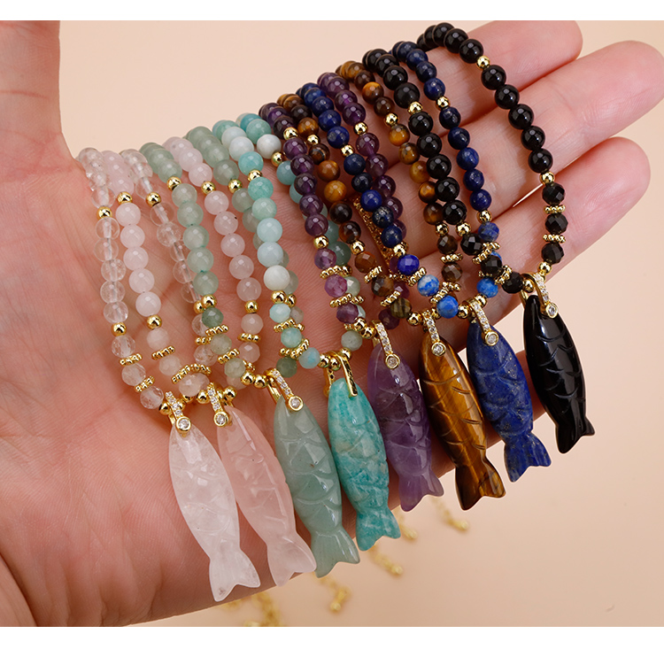 Natural Stone Beaded Necklace with Rhinestone Fish-Shaped Clasp