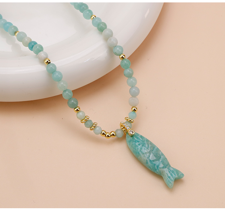 Natural Stone Beaded Necklace with Rhinestone Fish-Shaped Clasp