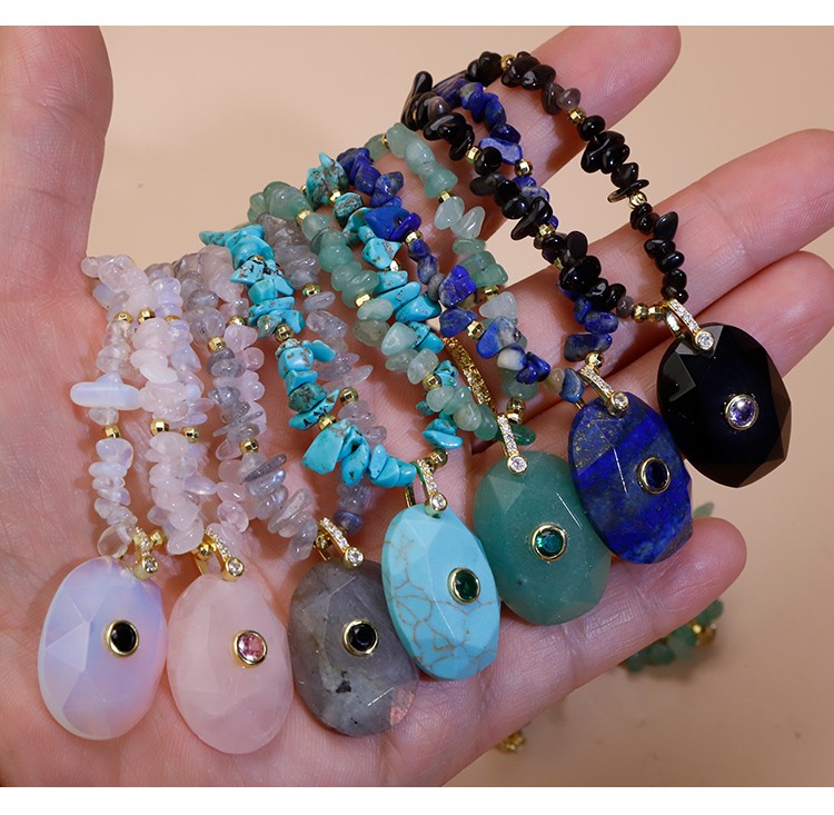 Natural Stone Statement Necklace with Faceted Oval Rhinestone Clasp